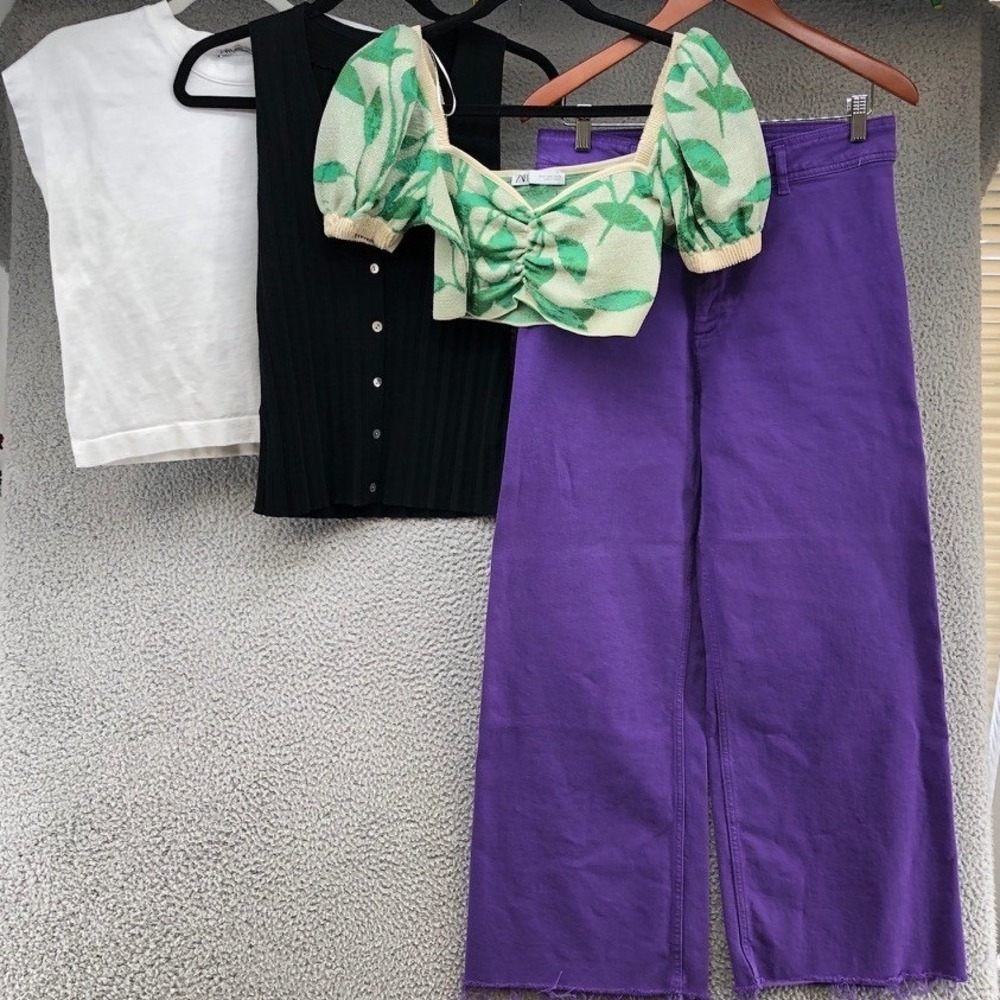 Zara Bundle Womens M 10 Purple Jeans Green Crop Top Black Tank White Tee Trendy